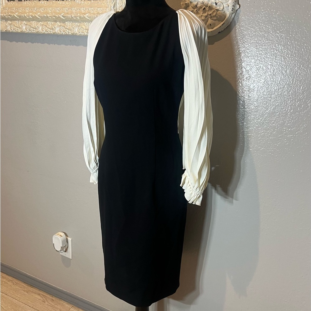 Paule Ka Black and Cream Long Sleeve Dress With Cape